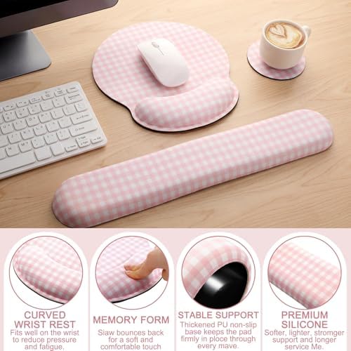 Tellegloww 3 Pcs Wrist Rest Set for Mouse Pad Keyboard, Pink
