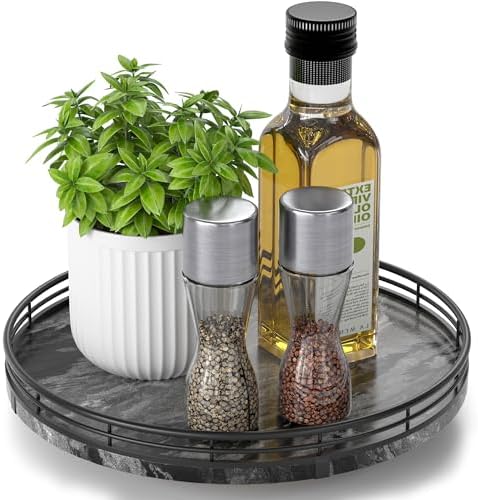 AMH 10-Inch Ancient Wood-Grain Marble Lazy Susan with Black Iron Frame