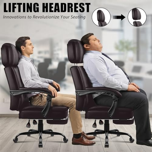 LEMBERI 400lbs Executive Office Chair with Foot Rest, Ergonomic Heavy Duty Big and Tall Desk Chair with Adjustable Headrest, High Back PU Leather Comfy Computer Chairs for Long Hours (Brown)