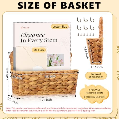 2 Pcs Woven Mail Holder Wall Mount Basket 9.25x1.57 Inch Rattan Wall Letter Holder Wicker Wall Basket Storage Water Hyacinth Hanging Storage Basket with Hooks for Mail Envelope Office