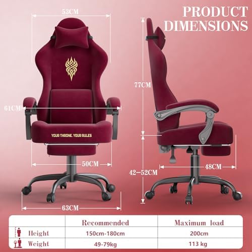 Ferghana Velvet Gaming Chair, 20.5 Inch Extra Wide Seat, Fire Embroidery Ergonomic High Back Computer Chair with Footrest, Massage Lumbar Support Reclining Gaming Chair for Adults, Red