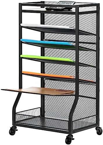 ThreeHio 7 Tier Rolling File Cart with Sliding Trays, Wood Metal File Organizer Beside Desk, Free-Standing File Holder, Paper Letter Tray Organizer Mesh Desk Organizer for Home Office School (Patent)