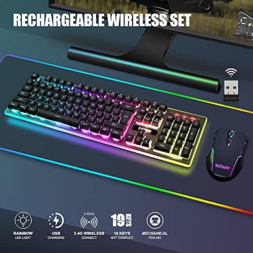 RedThunder K10 Wireless Gaming Keyboard and Mouse Combo, RGB Backlight Rechargeable 3800mAh Battery, 26-Key Anti-ghosting Keyboard + 7D 3200DPI Mice for PC Gamer