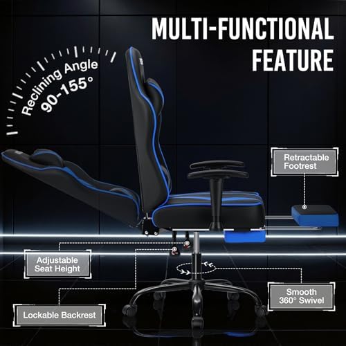 VANSPACE Gaming Chair with Massage 155° Reclining Computer Chair-Blue+Black