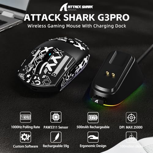 ATTACK SHARK G3 PRO Tri-Mode Wireless Gaming Mouse with RGB Charging Dock