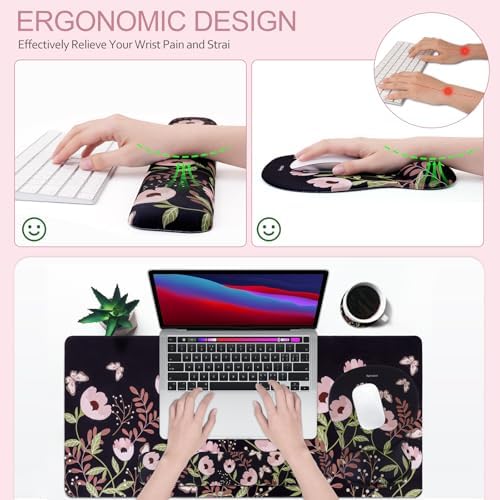 Petmolico Desk Pad Set with Wrist Rest for Keyboard & Mouse, Mint Flower