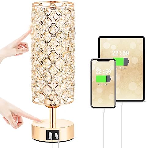 Hong-in Gold Crystal Touch Lamp for Bedroom with USB-C/A, Bulb Included