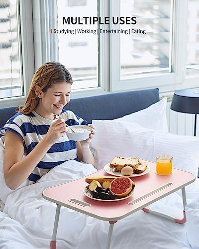 FISYOD Foldable Laptop Table, Portable Lap Desk Bed Table Tray, Laptop Stand with Cup Holder & Tablet Slot & Lifting Handle for Working Writing Drawing & Eating (Pink)