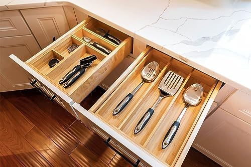Umilife Bamboo Kitchen Utensils Organizer, Extra High Silverware Drawer Tray, Flatware Cutlery Storage Box, Multi-Use Holder in Office, Bathroom, Pantry - 15"x6"x2.5" (Set of 2)