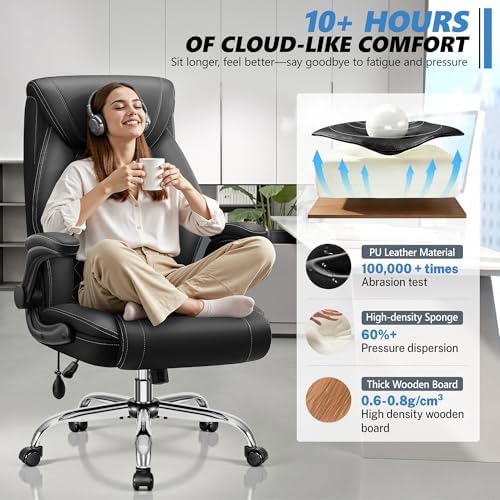 BestGlory Executive Office Chair with Lumbar Support, Big and Tall Ergonomic Computer Desk Chair, Leather Comfy High Back Gaming Chair with Flip Up Arms & Rocking Function for Home Office, Black