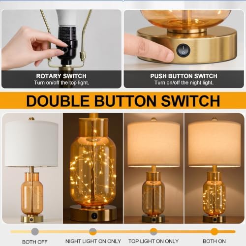 Oneach 22" Glass Table Lamps Set of 2 with Night Light for Bedroom, Amber