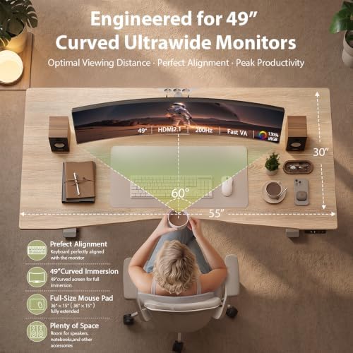 TIQLAB 55x30 Extra Deep Standing Desk with Cable Management, Maple