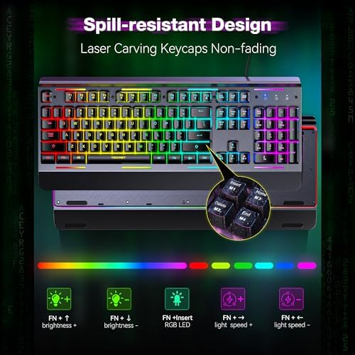 TECKNET Wired Gaming Keyboard, RGB Backlit Keyboard with Metal Panel Design