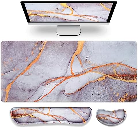 Gimars 4 in 1 Mouse Pad and Keyboard Wrist Rest Set, Large Mouse Pad with Memory Foam Wrist Support Pad for Desk with Coaster, Easy Typing Pain Relief, Gaming Office Home, 31.5x12 inch, Gray Golden