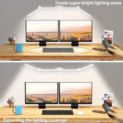Micomlan Architect Desk Lamp with Clamp, Led Desk Lamp for Home Office with Remote Control, 24W Bright Dimmable Computer Light with Atmosphere Lighting Adjustable Table Light(Remote)