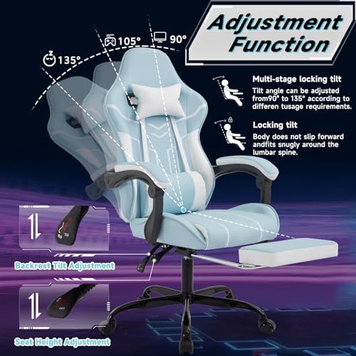 Blue Ergonomic Gaming Chair for Adults with Footrest and Massage