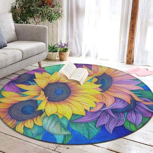 Highly Premium Quality Floor Mat, Office Chair Decor Mat, Room Sofa Yoga Soft Round Carpet Colorful Sunflower, 60inch