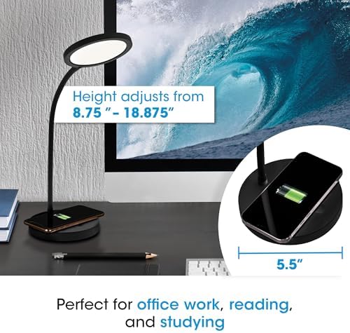 OttLite Good Housekeeping Circular Desk Lamp, Wireless Charging, Black