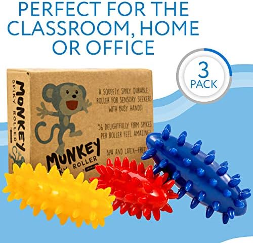 IMPRESA Spiky Sensory Roller - Multicolor 3-Pack, 3 in L x 1.4 in Dia Tactile Sensory Brush Roller for Kids - Stress Relief & Focus - Animal-Themed Monkey Spiky Fidget