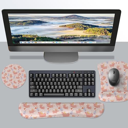 Ergonomic Memory Foam Keyboard Mouse Pad Set with Wrist Rest Support,Non-Slip Hand Wrist Cushion for Laptop/Notebook/Desktop/Computer/Gaming/Office,Easy Typing& Pain Relief (Pink Pig)