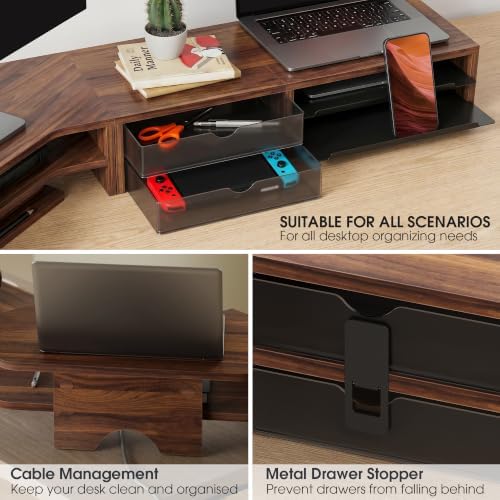 Fenge Dual Monitor Stand, Corner Desk Shelf with Drawer & Slide-Out Tray