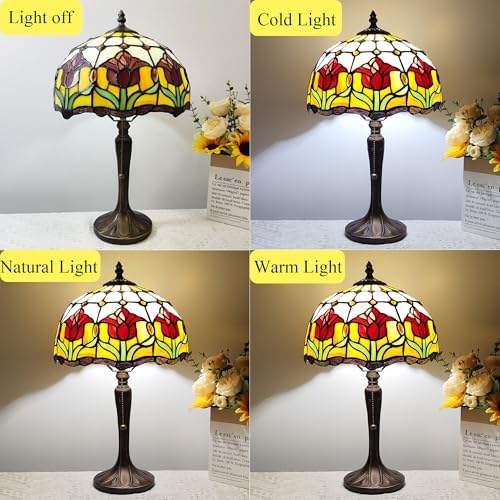Tiffany Table Lamp Red Tulip Style Stained Glass Lamp 12 Inches Antique Desk Light for Home Office Bedroom Bedside Nightstand Living Room,Include LED Bulb