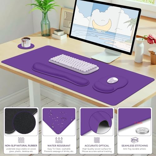 4 PCS Mouse Pad Desk Mat Protector, Keyboard Wrist Rest + Comfortable Mouse Pad Wrist Rest +Coaster, Large Gaming Mousepad for Computer Laptop, 35.4"X 15.7" Deskpad for Office Home I Dark Purple