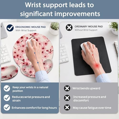 Cherry Blossoms Ergonomic Keyboard and Mouse Wrist Rest Set, Japanese Style Mouse Pad with Non Slip Base, Soft Cloth Surface for Office and Home Typing Support