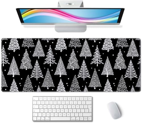 Gaming Large Mouse Pad with Stitched Edges, Christmas Tree Black White Leaf Circle Polka Dot Desk Mat, Extended Keyboard Pad, Non-Slip Rubber Base Desk Pad for Keyboard and Mouse, 31.5X11.8 inch