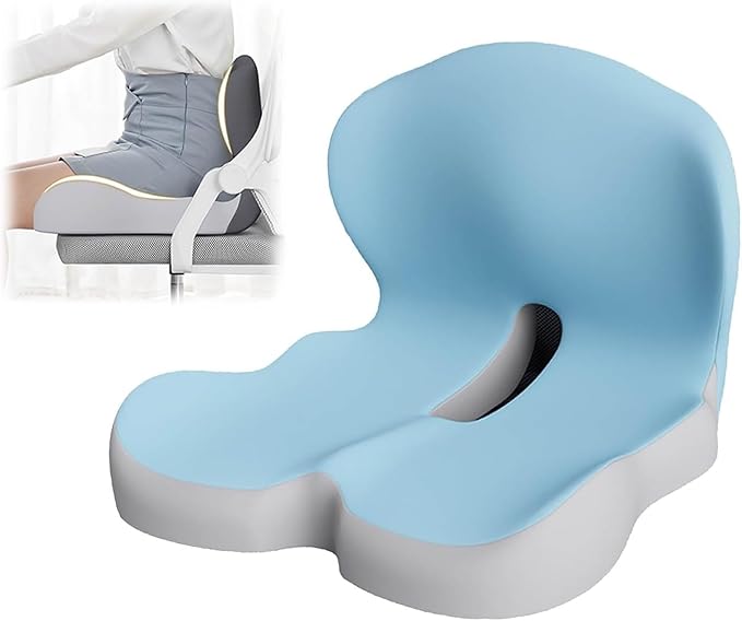 Orthopedic Cushion Seat Cushion,L-Shaped Lumbar Support,Breathable,Design for Office Chair,Car,Wheelchair Ergonomic Non Slip MemoryFoam Seat Skin with Back Support (Blue-a)