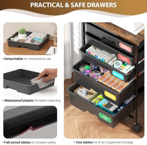 Goovilla Rolling Cart with 5 Drawers for Craft, Art, Dorm, Office, Black