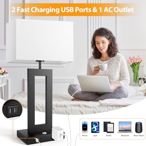27.2’’ Tall Black Table Lamps for Living Room Bedroom, Bedside Touch Control Lamps with 2 USB Ports&AC Outlet, 3 Color Temp.&Stepless Dimming Desk Lamp Sets for Home Office, Pre-assembled White Shade
