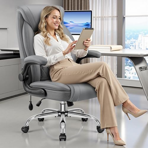 BestGlory Executive Office Chair with Lumbar Support, Big and Tall Ergonomic Computer Desk Chair, Leather Comfy High Back Gaming Chair with Flip Up Arms & Rocking Function for Home Office, Gray