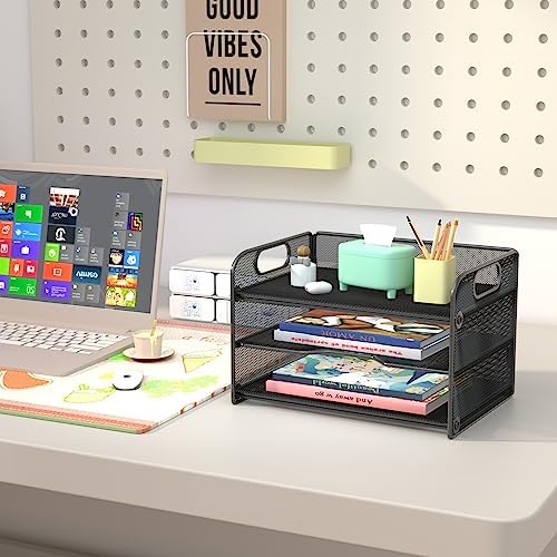 Samstar 3 Tier Letter Tray Paper Organizer with Handle, Mesh Desk Organizer Paper Sorter File Rack Shelves, Black