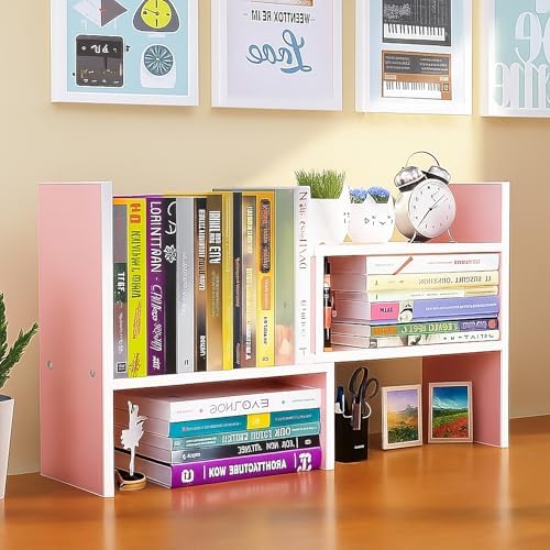 Desktop Shelf Organizer, Adjustable Wood Office Storage Rack, Counter Display Small Bookshelf for Home/Office/School(Pink)