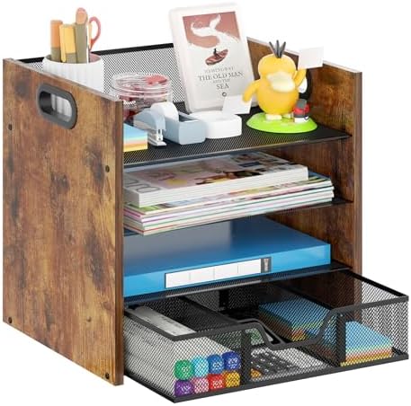 Desk Organizer - 4 Tier Desktop File Organizer with Drawer, Wooden Paper Tray Organizer, Office Desk Accessories Organizer for Papers, Mail, Notebooks, Stationery