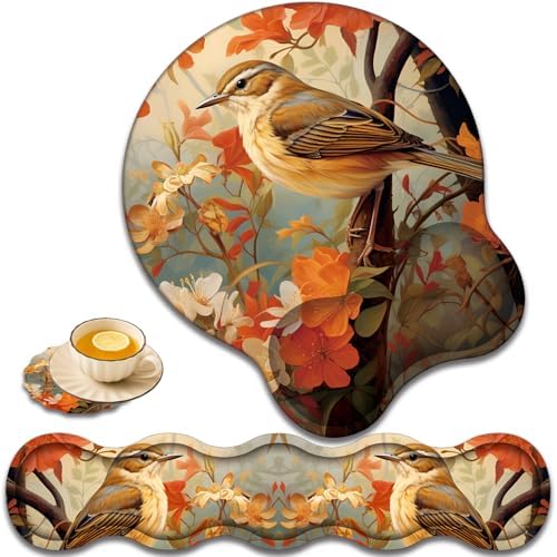 Keyboard Wrist Rest and Mouse Pad Wrist Support with Lace-Shaped Coaster Set, Ergonomic Gel Memory Foam and Anti-Slip Base, Easy Typing and Pain Relief - Larks Among Flowers