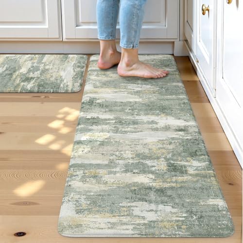 Collive Anti Fatigue Kitchen Mats, Grey/Green Kitchen Rugs Sets of 2