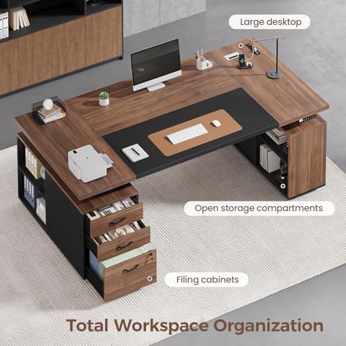 71" Electric Standing Desk with Drawers, Electric Height Adjustable Executive Desk with Lockable File Cabinet, Home Office Desk, Open Storage Compartments, Built-in Power Outlet, Black