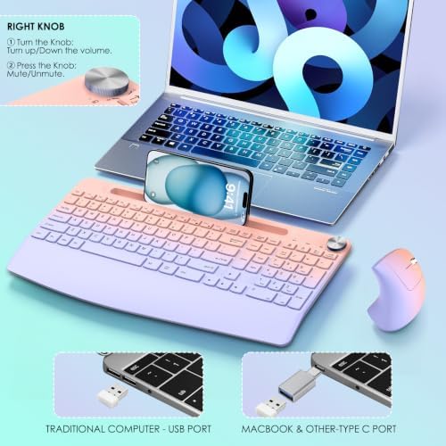 Full-Size Ergonomic Keyboard and Mouse, 2.4GHz Wireless Keyboard and Vertical Mouse with Tablet Phone Holder, Wrist Rest for Computer Mac PC Laptop Chromebook, Pinkpurple