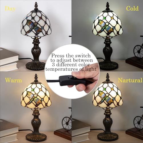 Small Tiffany Table Lamp, 3 Color-Temperature Dragonfly Stained Glass Lamp,6 Inch Tiffany Style Lamp for Bedroom Living Room Home, Handcrafted Light, Included Bulb (Warm White)
