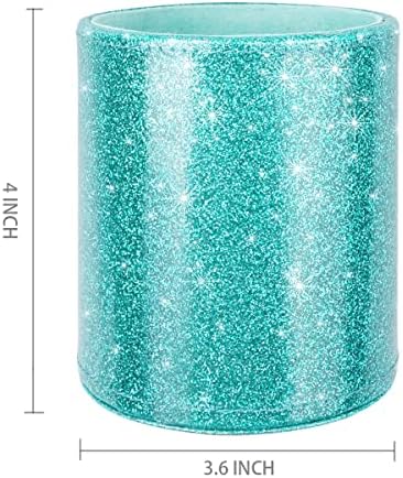 Glitter Pen Holder Pencil Organizer, Cute Pencil Cup Desk Decor, Decorative Makeup Brush Holder Large, Leather Multi-Functional Organizer Cup for Office, Home, Classroom, Blue+Green