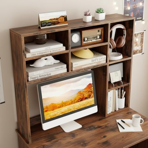 Tangkula Desktop Bookshelf, 37" Countertop Storage Hutch with 7 Cubes & 3 Adjustable Shelves, 3-Tier Desk Display Rack Organizer, Multipurpose Wood Desktop Hutch for Dorm Home Office (Rustic Brown)