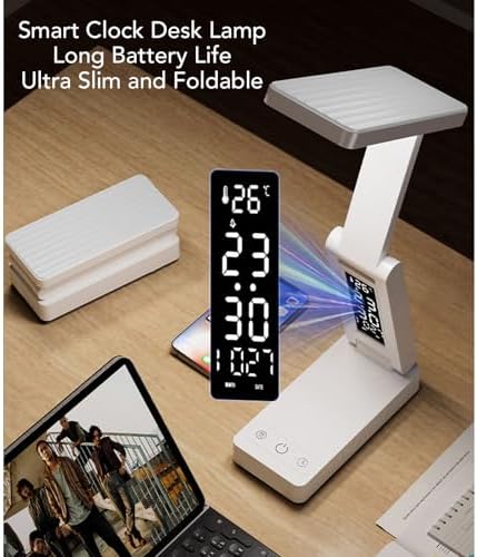 LED Desk Lamp with Clamp, Foldable Eye Care Light with Clock Thermometer