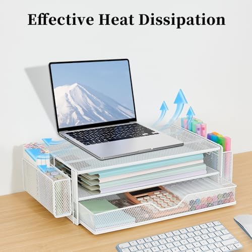 AUPSEN Computer Monitor Stands Riser，2-Tier Desk Organizers and Accessories, Office Desk Accessories Organizer with Drawers and 2 Pen Holder for Office Supplies (White)