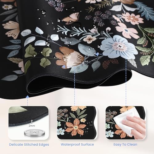 HAOCOO Scalloped Desk Mat for Keyboard, Floral Mouse Pad(Black)