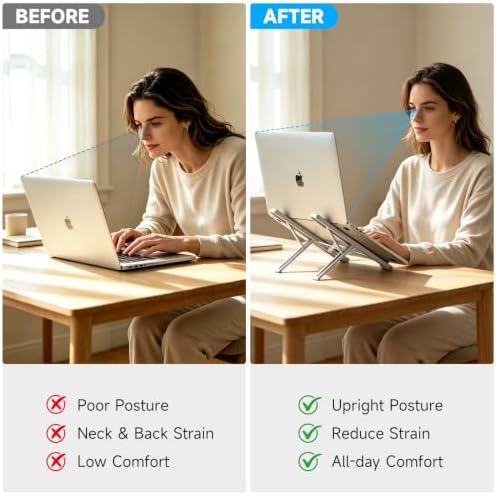 LIENS Laptop Stand, Adjustable Aluminum Ergonomic Riser - 7-Angle, Foldable Portable Ventilated Cooling, Compatible with MacBook Air Pro, HP, Dell, Lenovo, All 10-17 Inch Laptops (Silver)