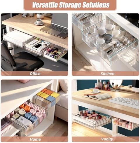 3 Pack Under Desk Drawer Slide Out Storage Organizer, Clear White 3 Sizes (S/M/L), Dual-Mount Hidden Table Tray for Tablets, Planners & Office Supplies