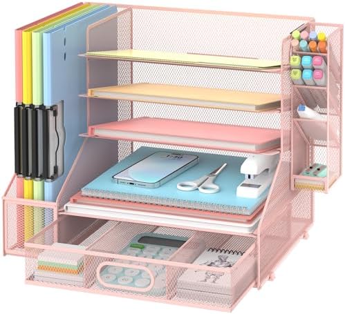 5-Tier Desk Organizer with File Holder & Pen Holder & Sliding Drawer, Pink