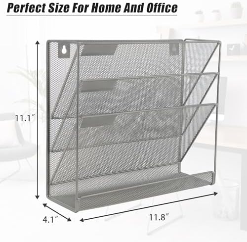 EASEPRES Desk File Organizer Mesh 4-Tier, Hanging Wall Mount Document Organization Stand, Desktop Vertical Mail Paper Folder Holder Rack with Bottom Tray for Office Home Cubicle Countertop, Gray